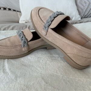 Gianni Bini Tan Loafers with Silver Braided Detail